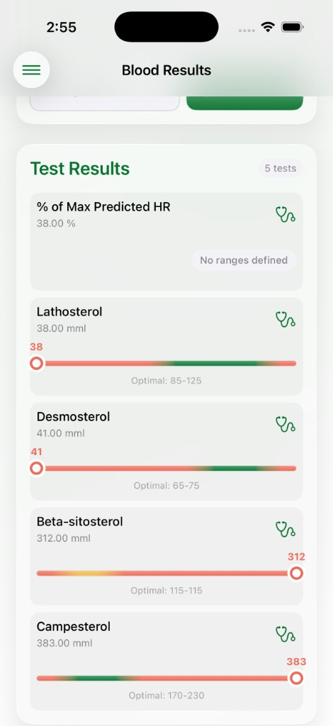 Viva iOS app showing blood results with optimal range bars